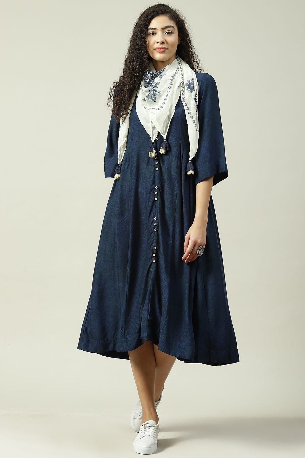 Indigo LIVA A-Line Printed Kurta Dress image number 0