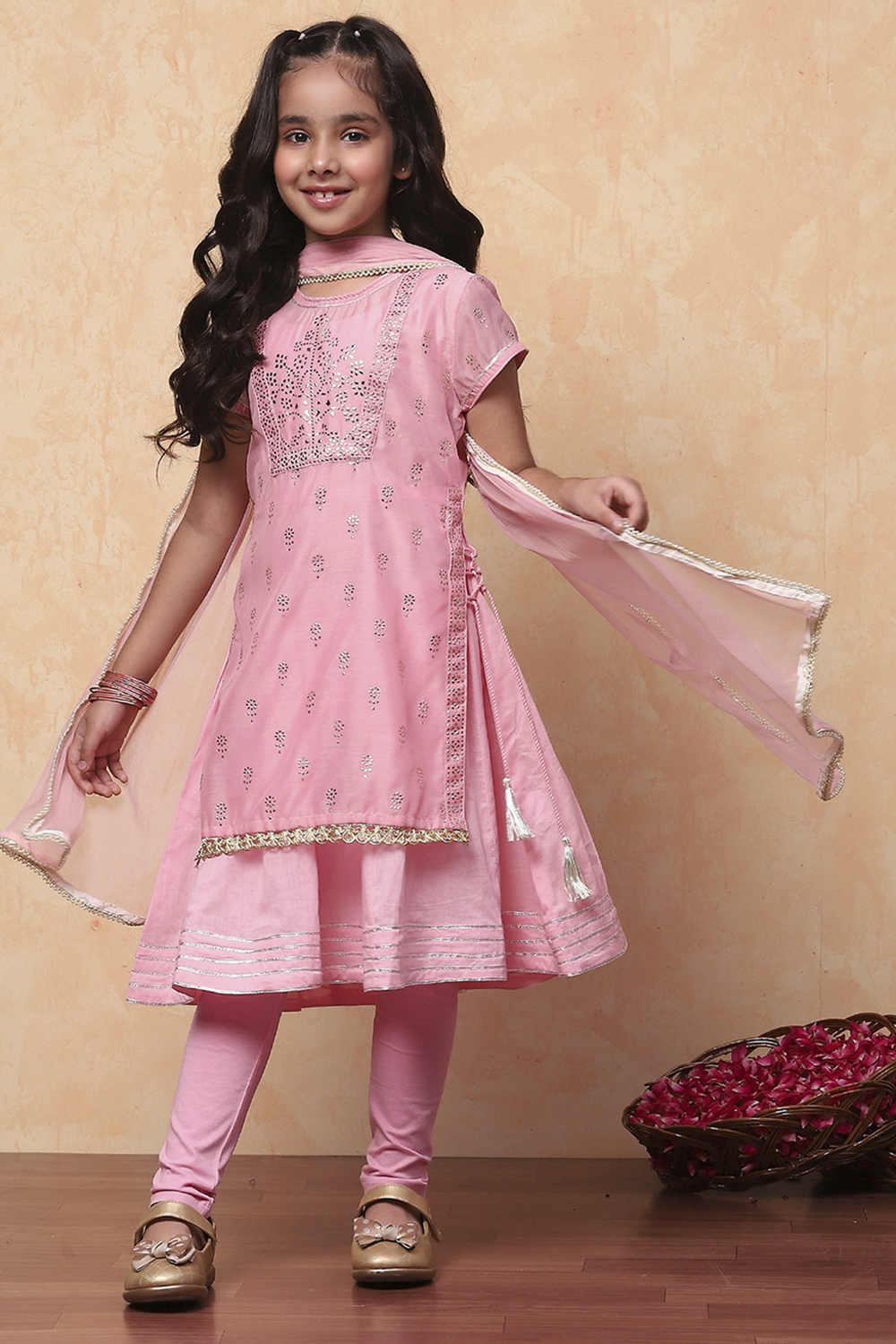 Pink Poly Chanderi Metallic Pattern Layered A-Line Suit Set image number 0