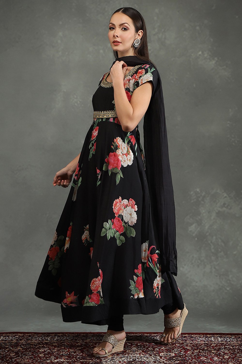 Rohit Bal Black Silk Chanderi Floral Printed Anarkali Suit Set image number 6