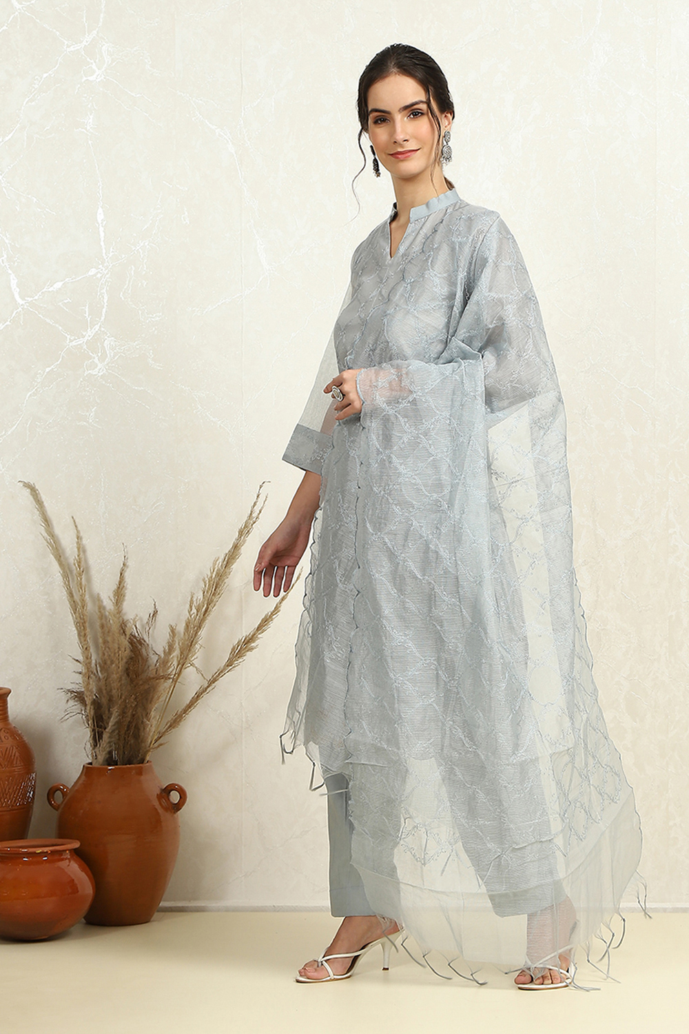 Grey Floral Thread Work Unstitched Suit Set image number 2