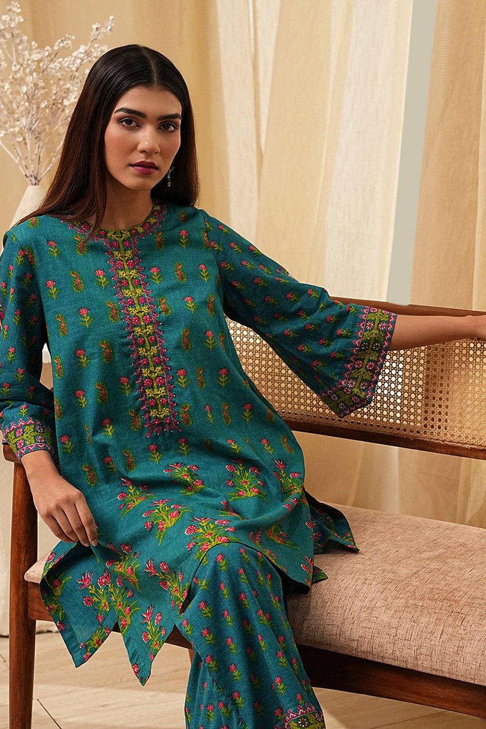 Teal Cotton Printed Straight Kurta Set image number 0