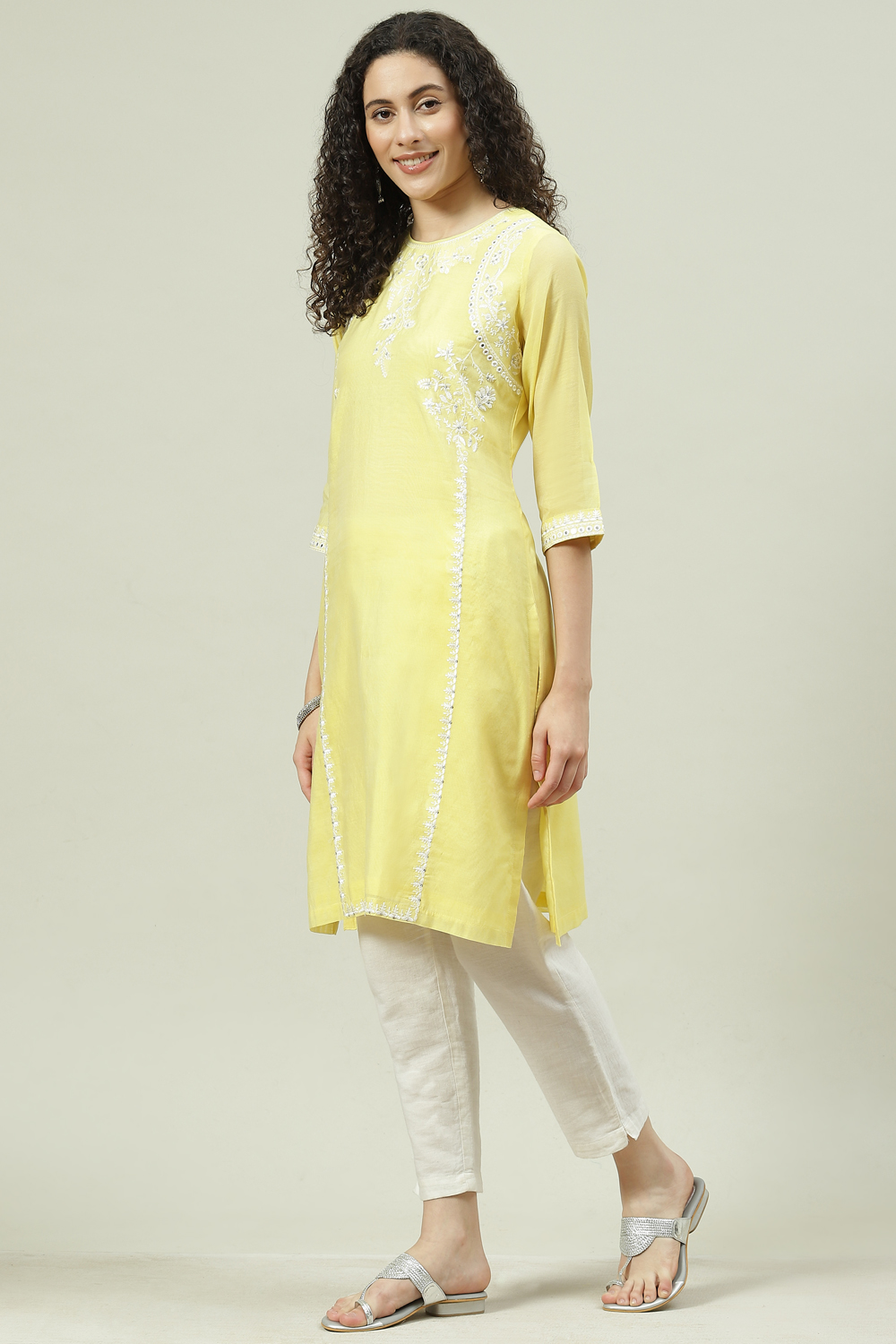 Beige Art Silk Straight Embroidered Kurta image number 2