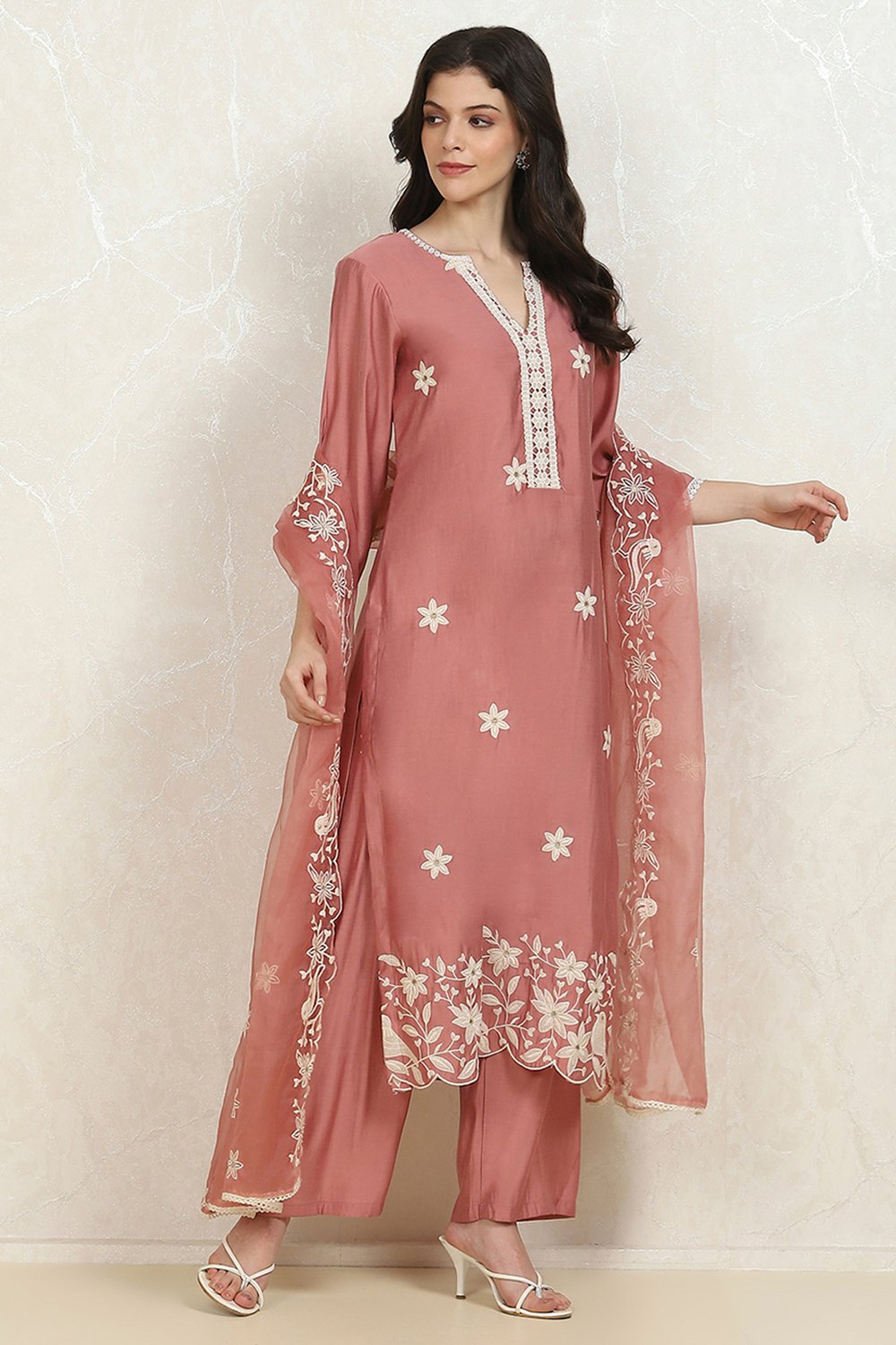 Peach-Pink Modal Machine Embroidered Unstitched Suit Set image number 6