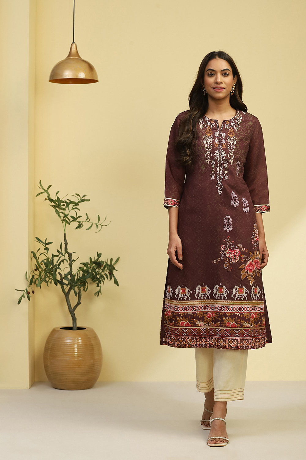 Brown Chanderi Printed Straight Kurta image number 0