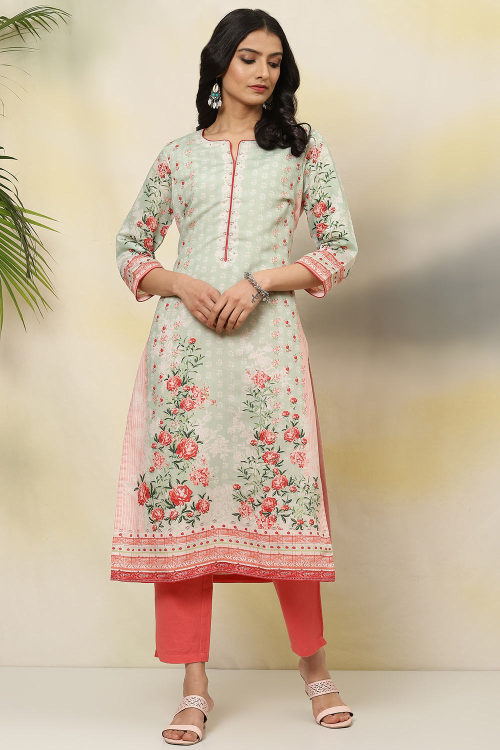 Pink Art Silk Straight Printed Kurta image number 0