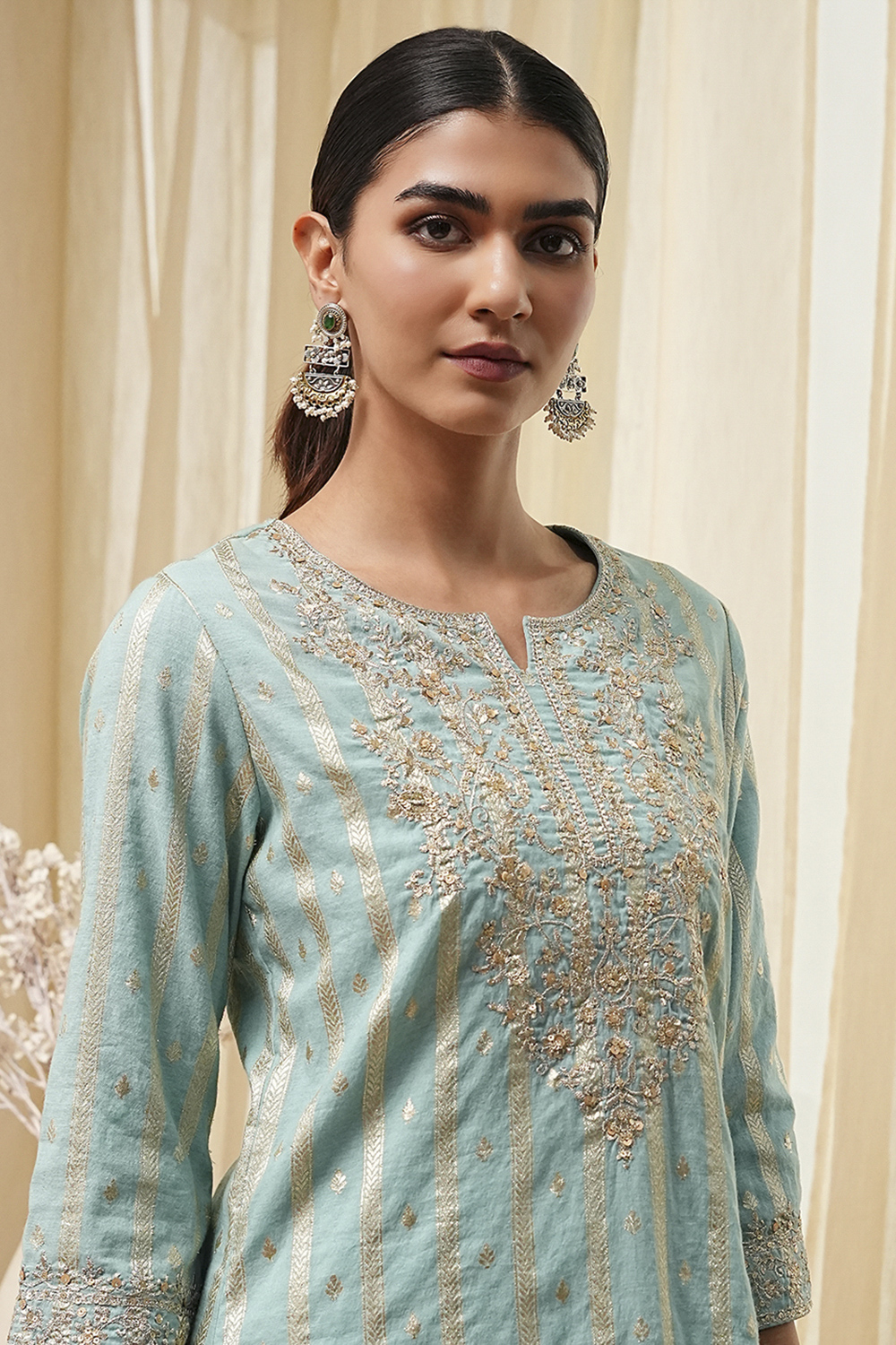 Powder Blue Embroidered Straight Suit Set image number 2