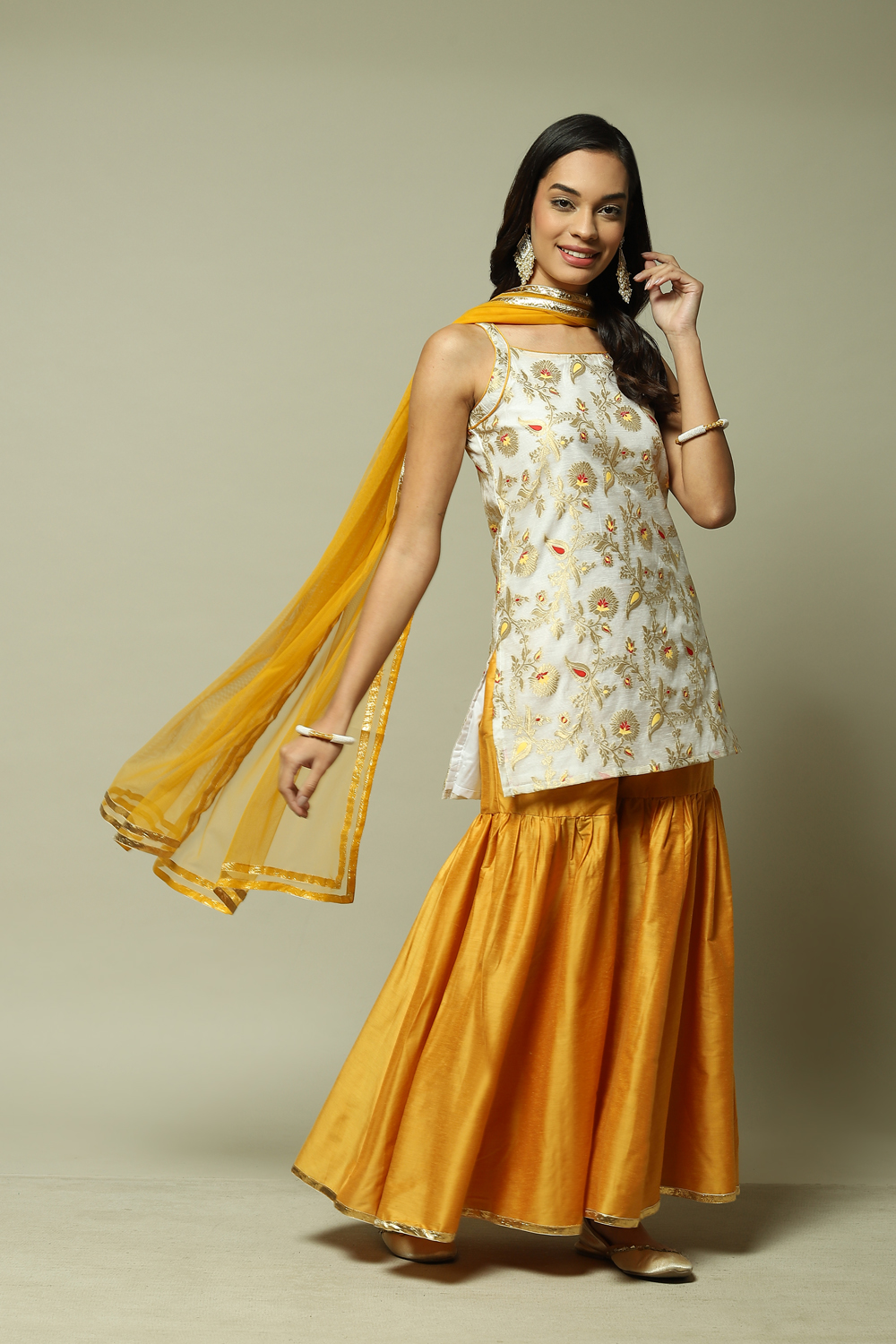 Off White Yellow Straight Sharara Kurta Garara Suit Set image number 0