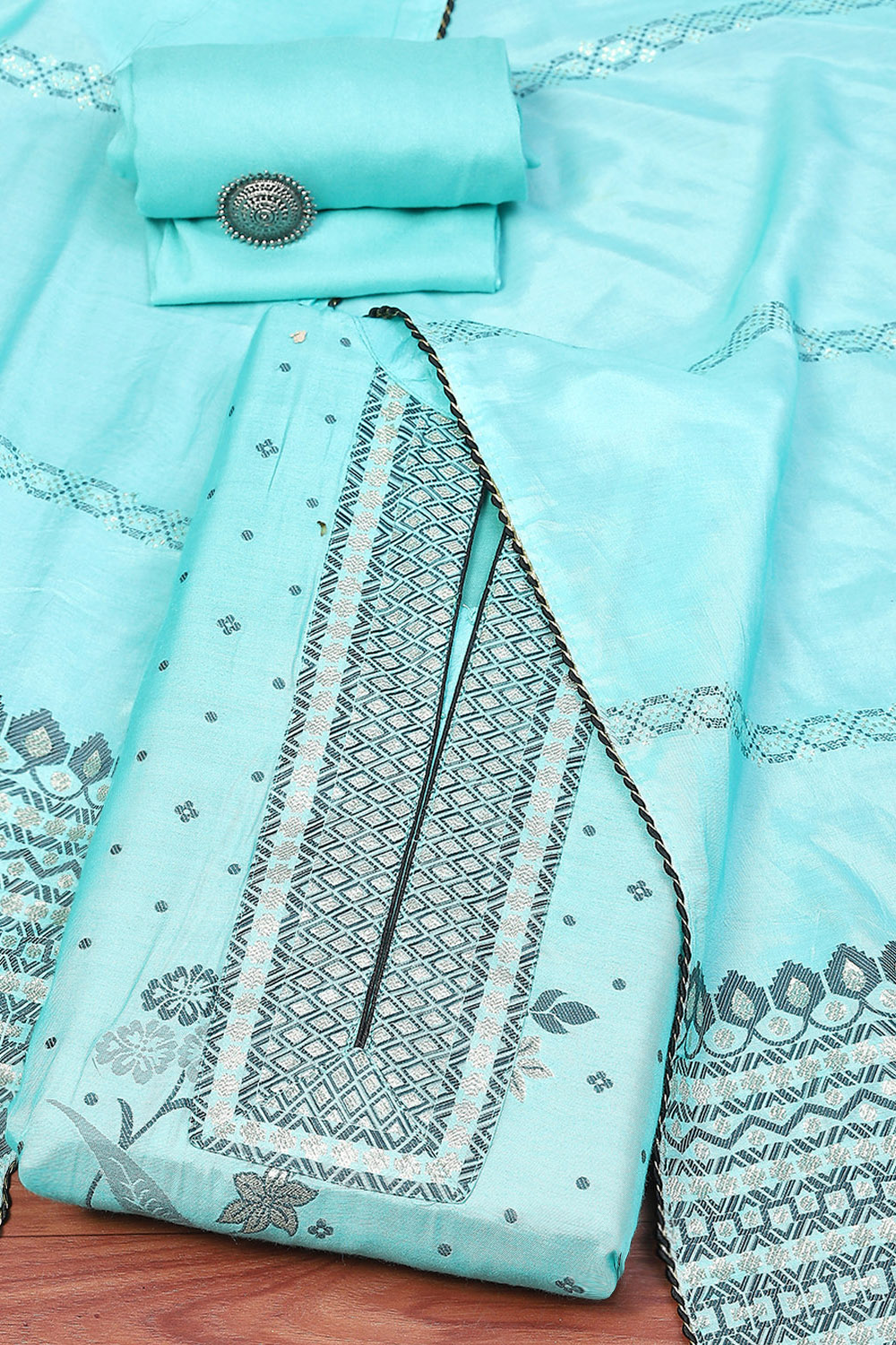 Blue Chanderi Unstitched Suit Set image number 0