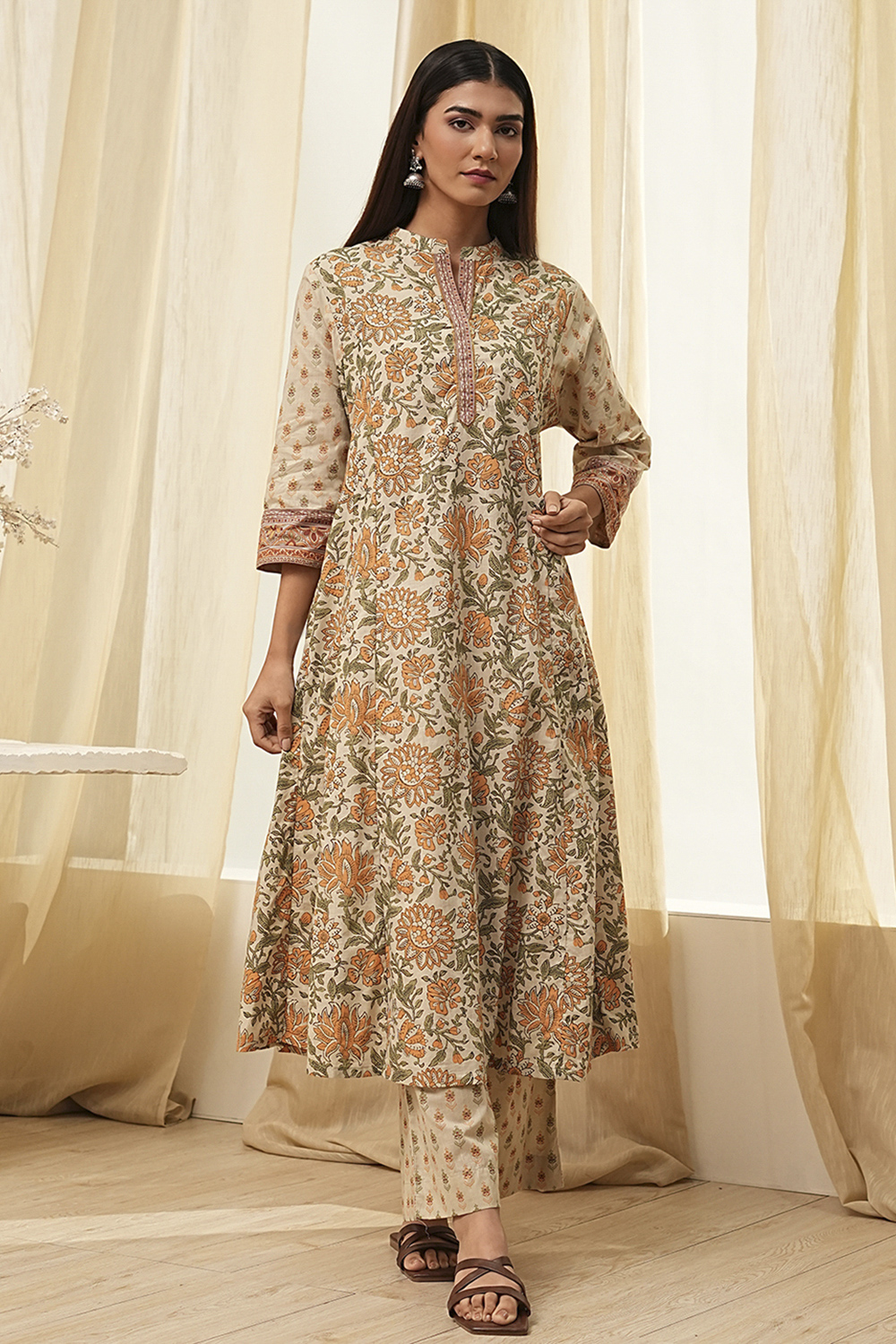 Beige Pure Cotton Floral Kalidar Kurta Set image number 6