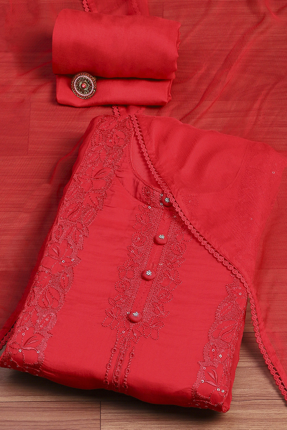 Red Organza Embroidered Unstitched Suit Set image number 0