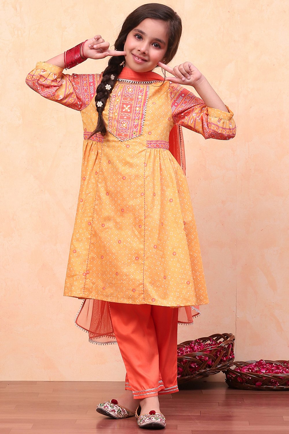 Yellow Cotton Bandhani Printed Gathered Festive Suit Set image number 6