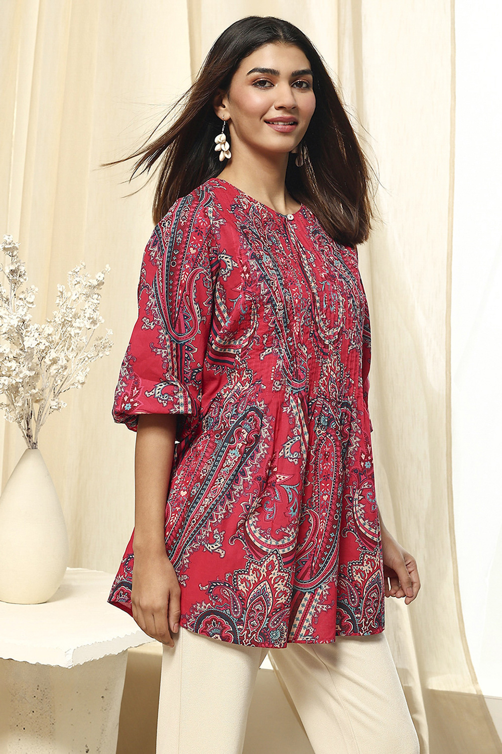 Magenta Cotton Regular Fit Printed Kurta image number 4