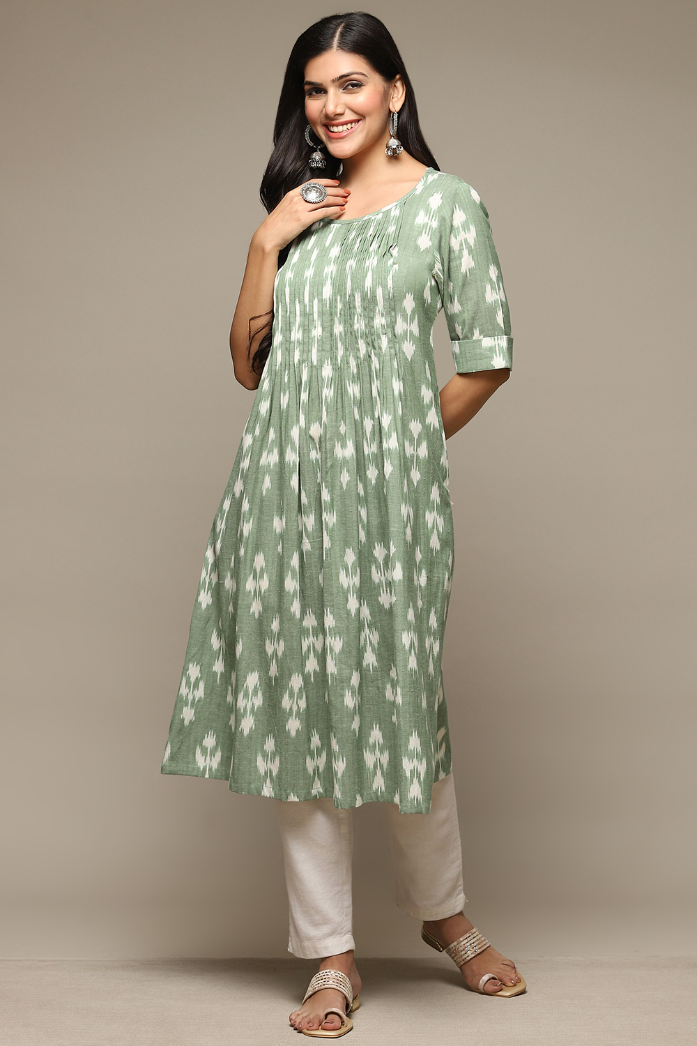 Khaki Green Cotton IKAT Straight Yarndyed Kurta image number 0