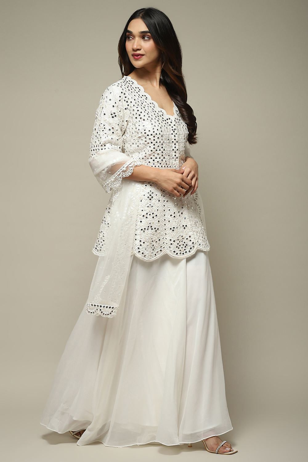 Off White Polyester Short Kurta Sharara Suit Set image number 6