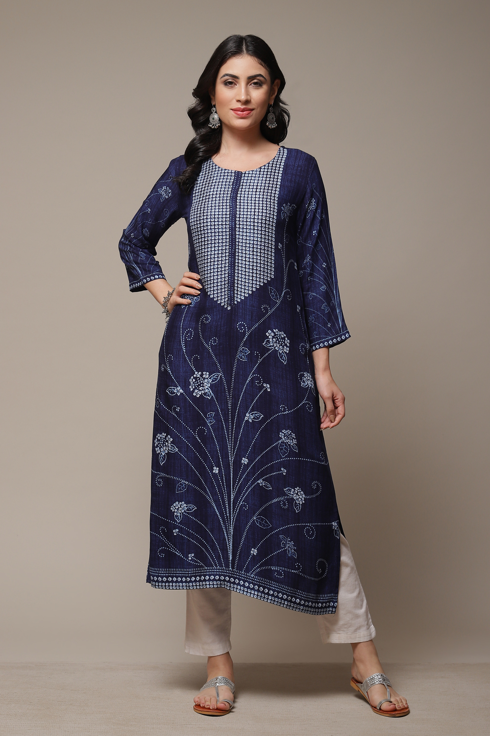 Indigo LIVA Straight Printed Kurta image number 1