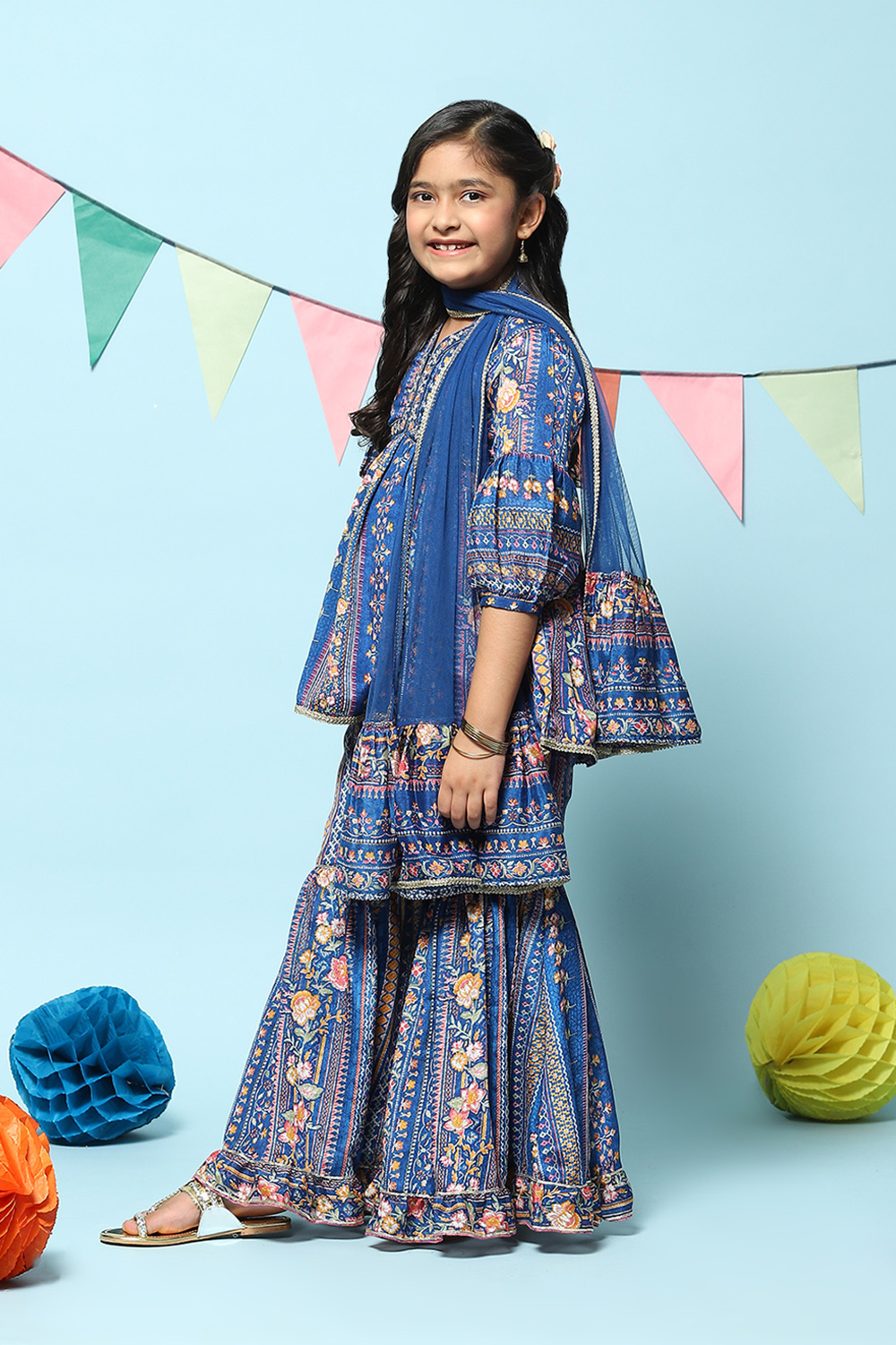 Blue Polyester Gathered Printed Suit Set