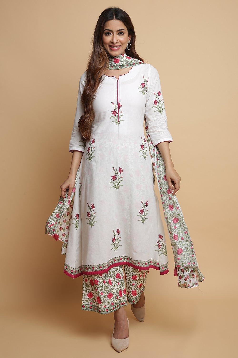 White Cotton A-Line Kurta Palazzo Suit Set image number 0