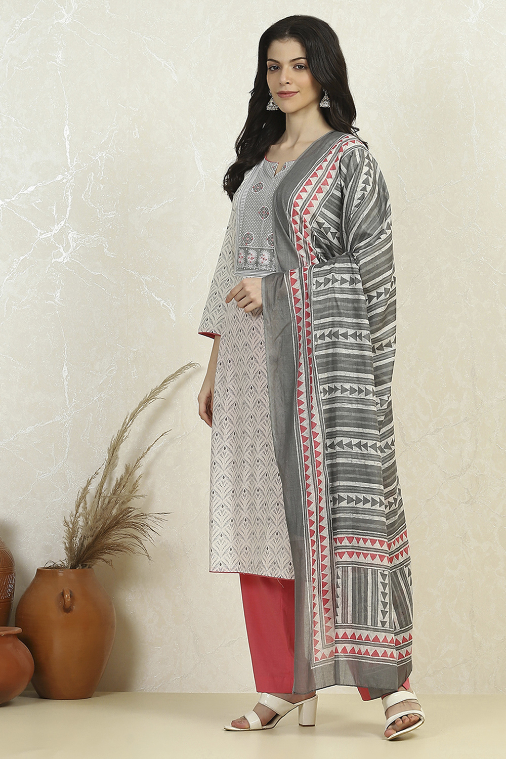 Grey Cotton Printed Embroidered Unstitched Suit Set image number 4