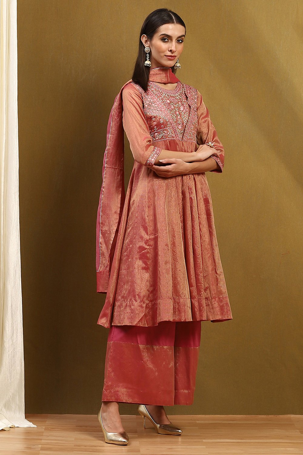 Old Rose Cotton Anarkali Suit Set image number 5