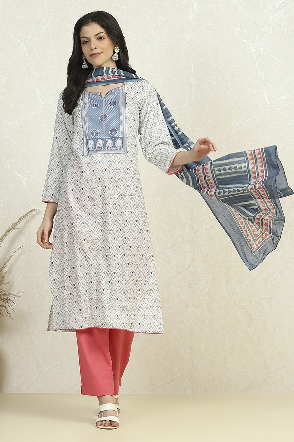 Grey Cotton Printed Embroidered Unstitched Suit Set image number 1