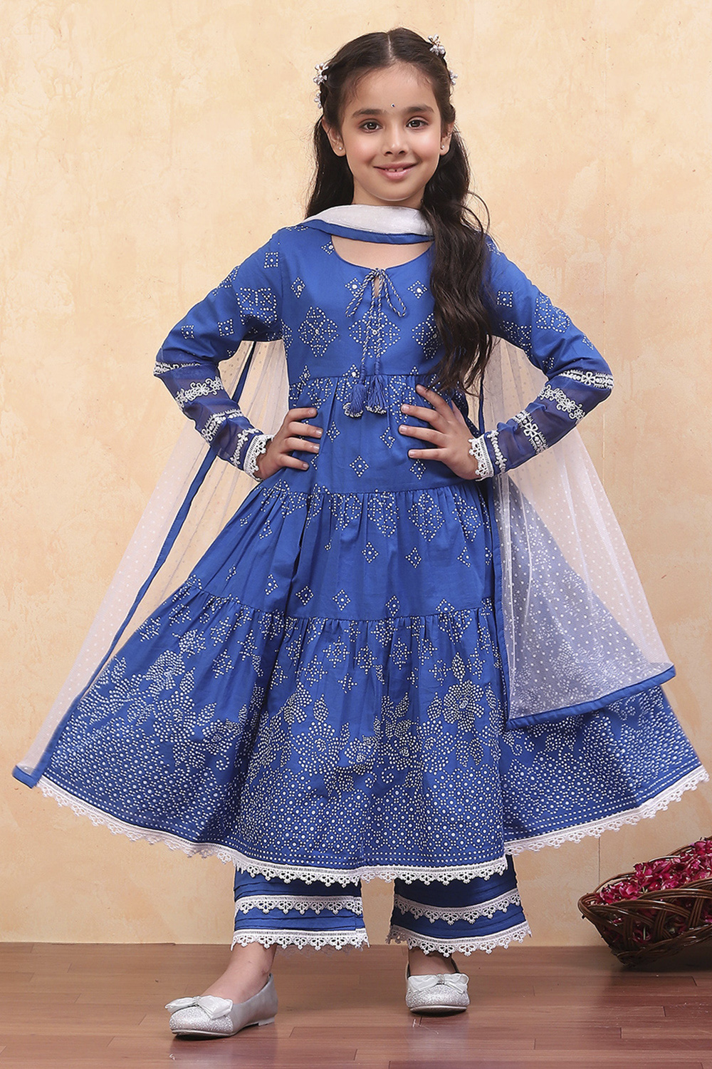 Blue Cotton Printed Flared Festive Tiered Suit Set image number 0