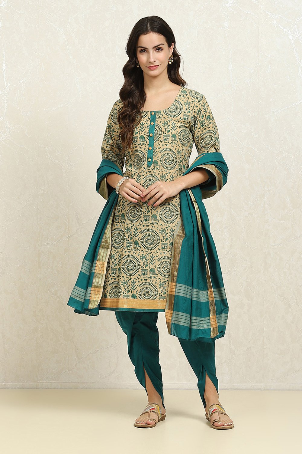 Green Cotton Handloom Unstitched Suit Set image number 7