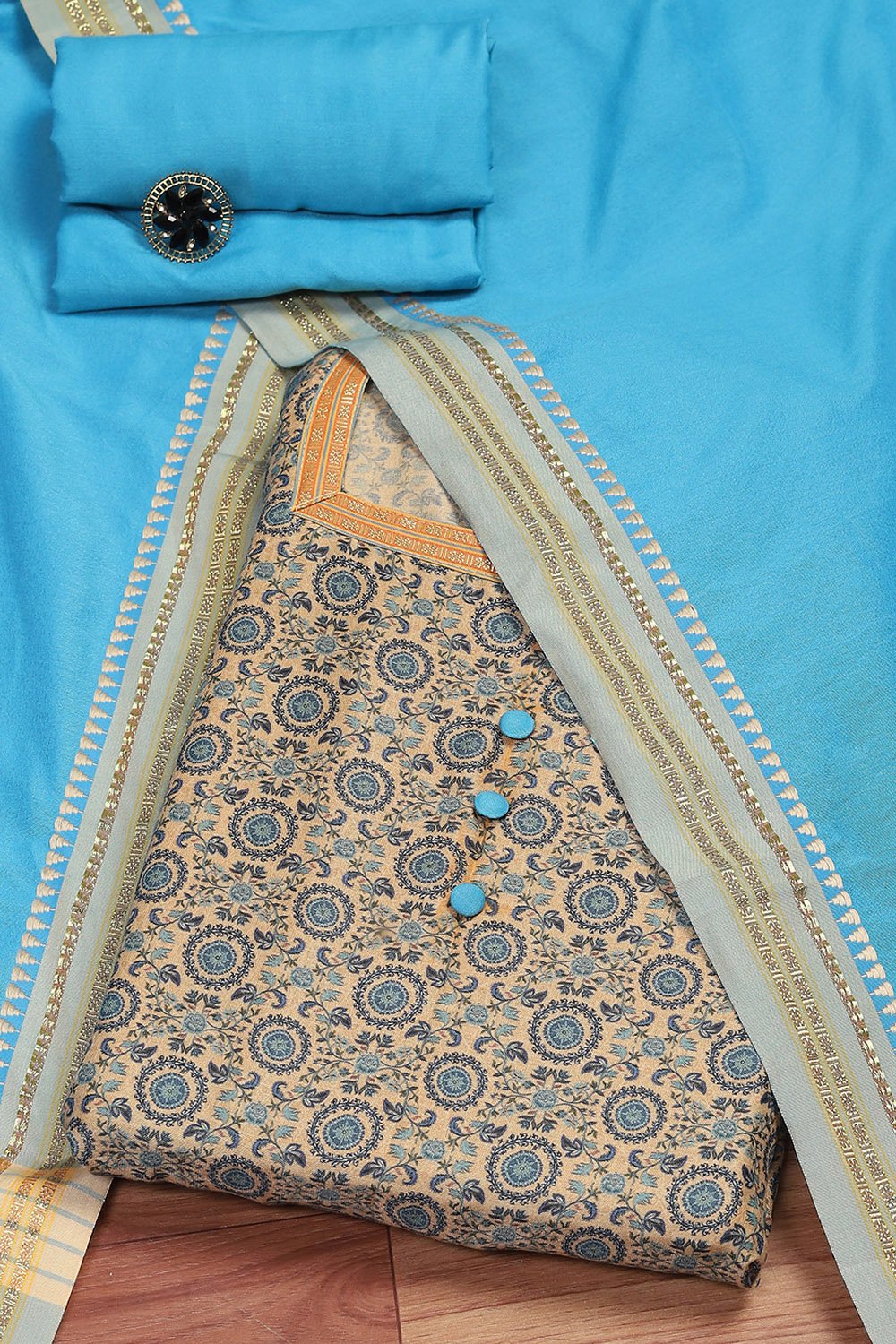 Blue and Beige Cotton Handloom Unstitched Suit Set image number 0