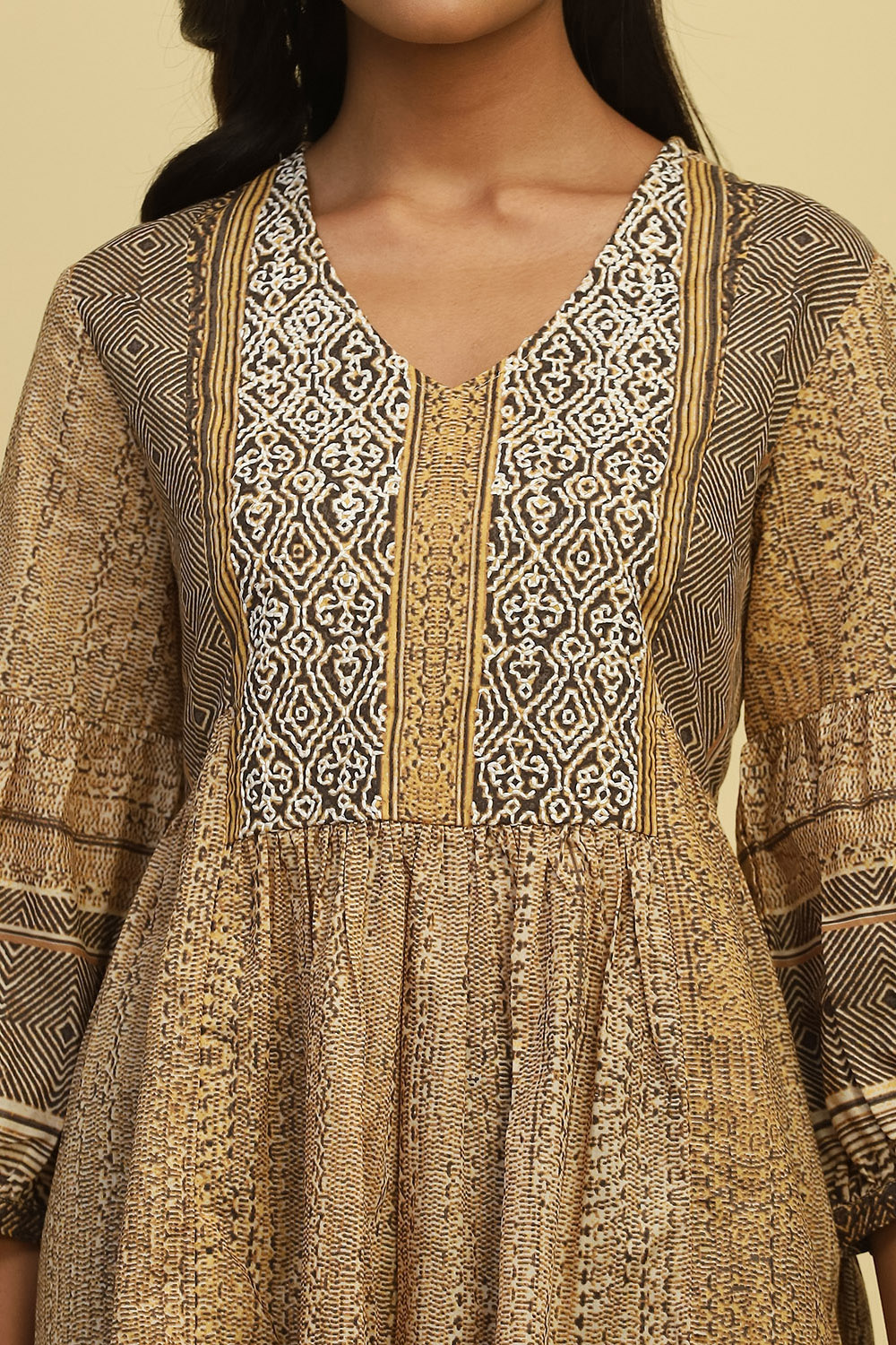 Beige Cotton Printed Flared Kurti image number 1