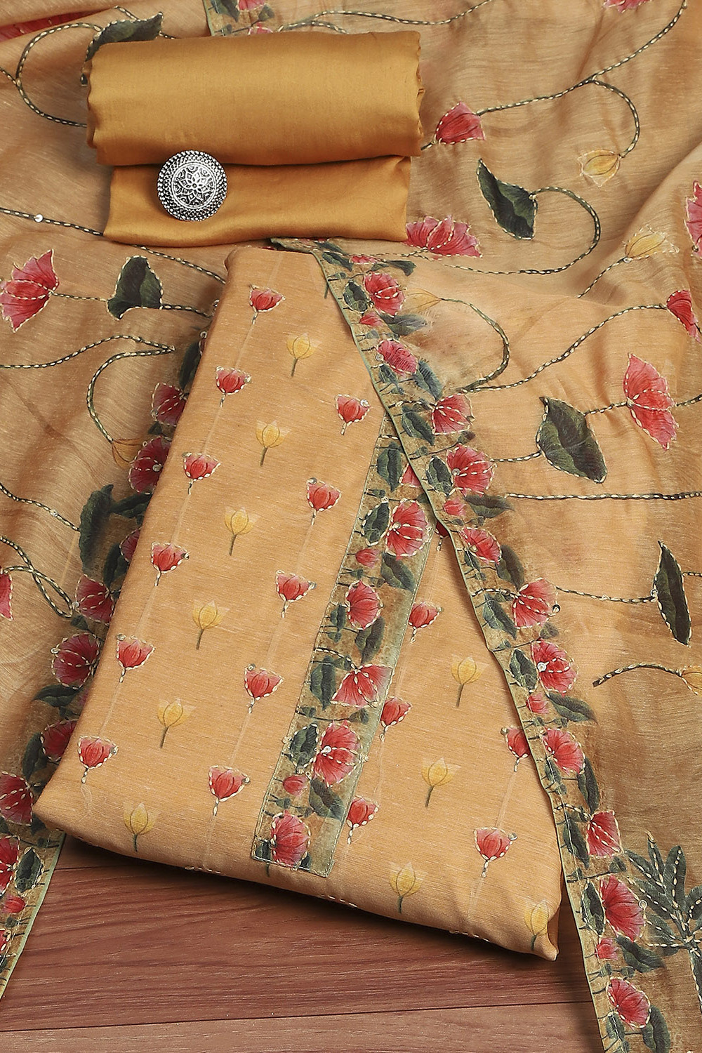 Dull Yellow Chanderi Floral Katha Work Unstitched Suit Set image number 0