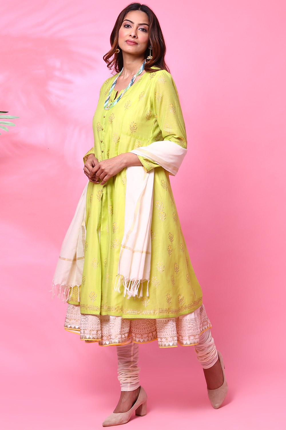 Lime Green Double Flared Kurta Churidar Suit Set image number 3