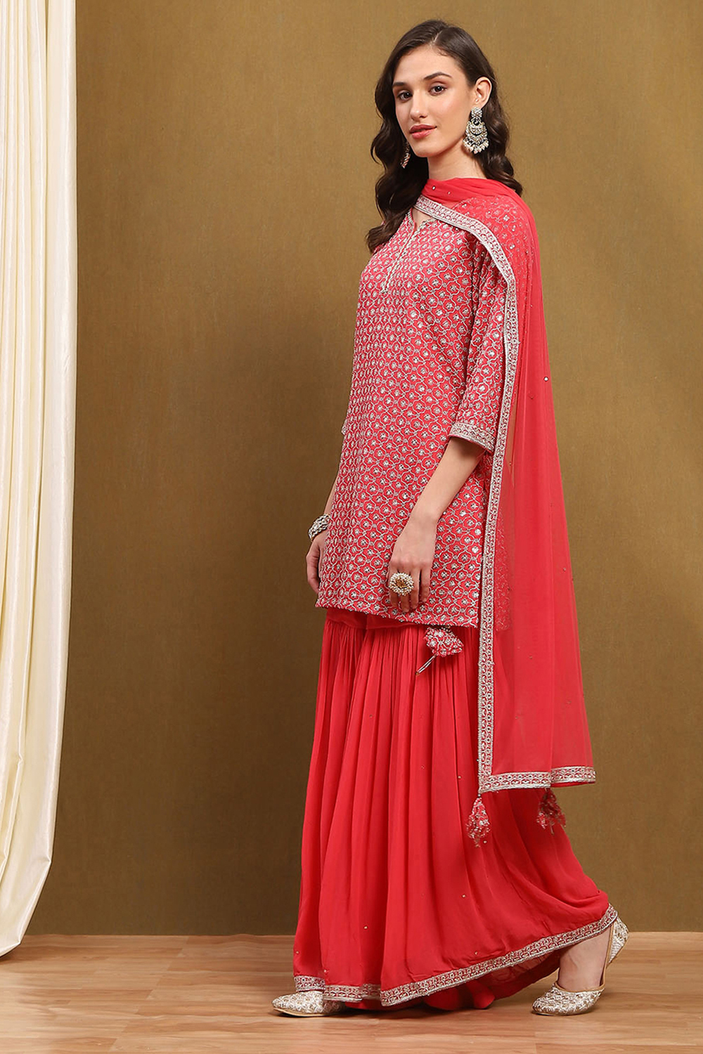 Coral Red Viscose Georgette Festive Straight Suit Set image number 3