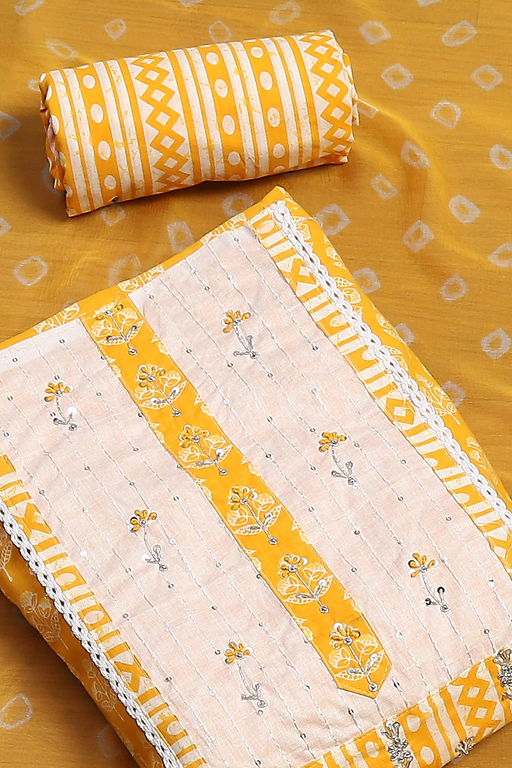 Yellow Cotton Hand Block Embroider Unstitched Suit Set image number 1