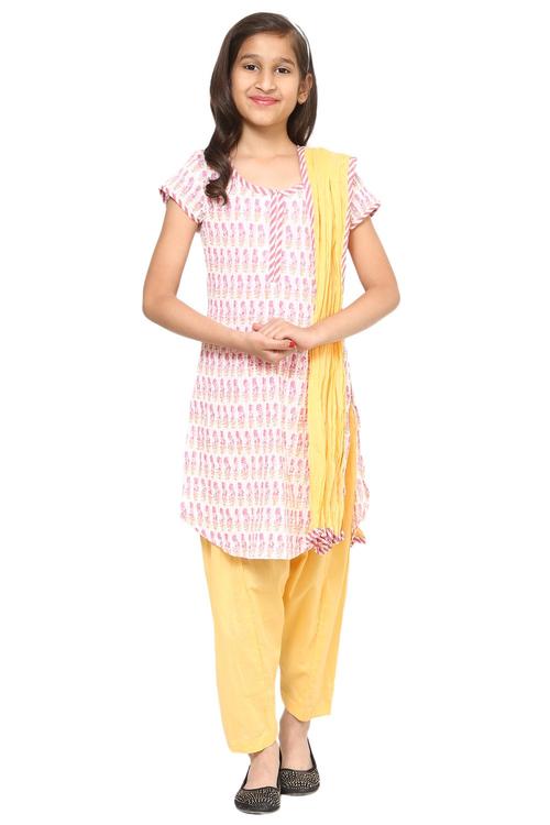 Off White Cotton Straight Kurta Salwar Suit Set image number 0