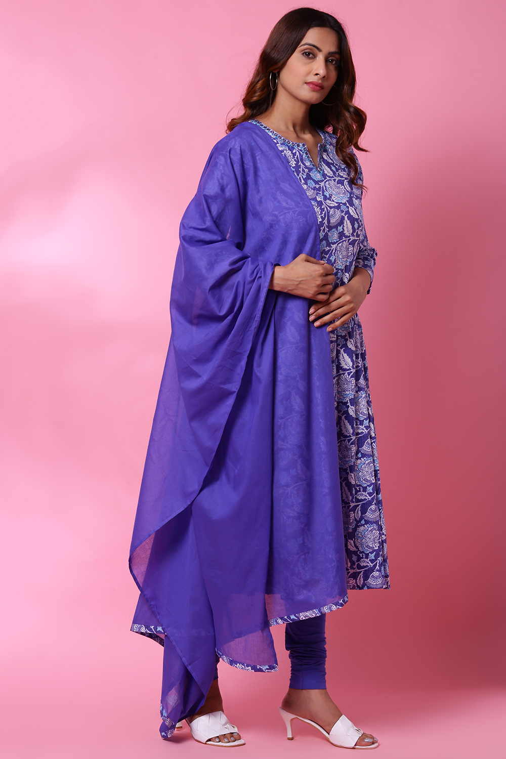 Blue Cotton Kalidar Kurta Churidar Suit Set