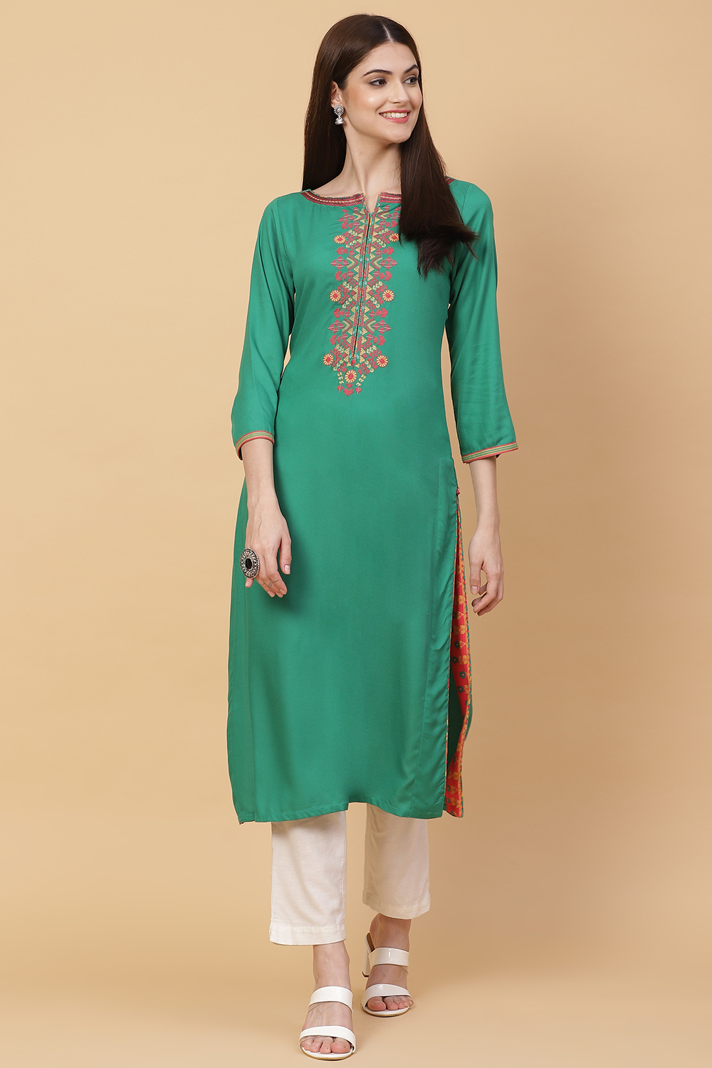 Green Straight Rayon Kurta image number 0