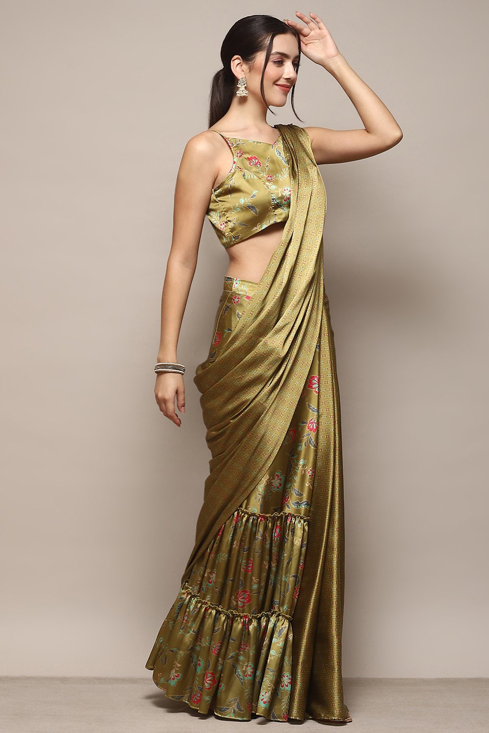 Plum Pre-Draped Saree & A Stitched Blouse With Floral Prints image number 4