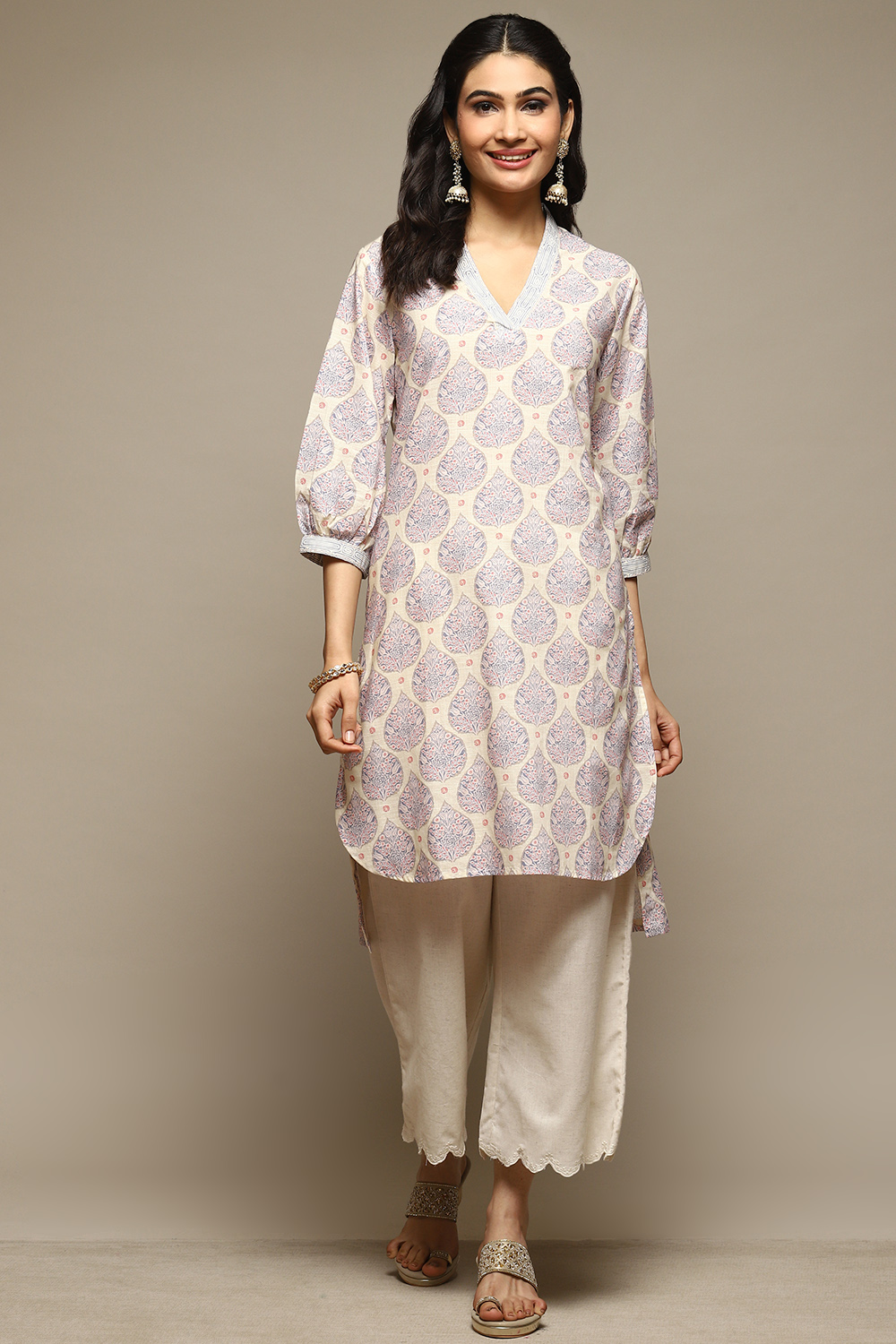 Off White Cotton Straight Printed Kurta image number 5