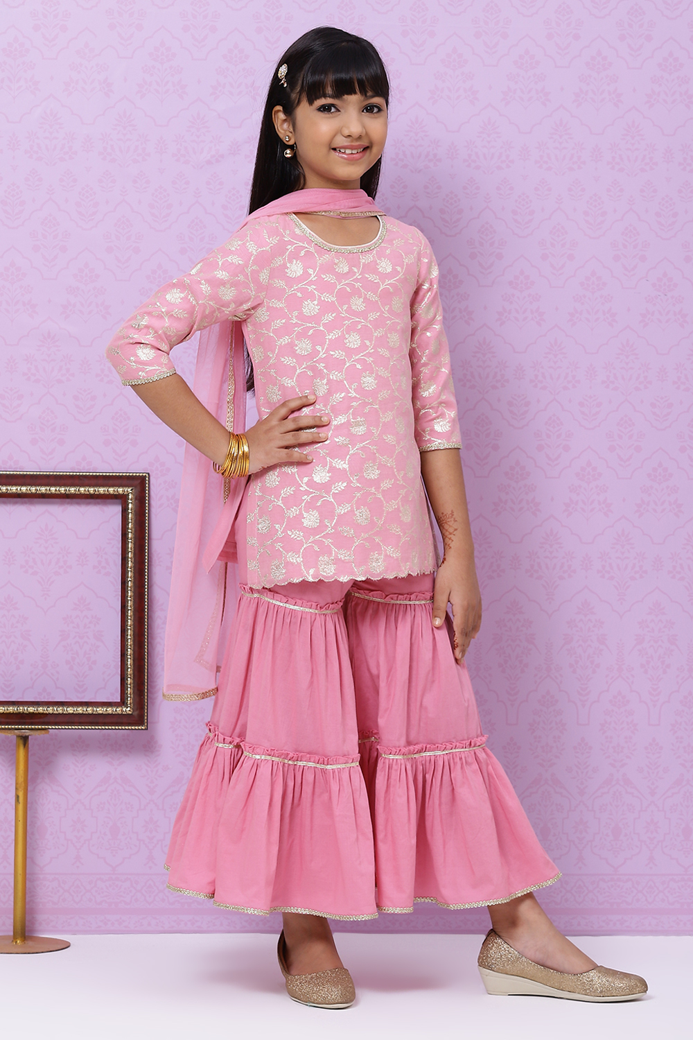 Pink Poly Metallic Cotton Girls Straight Kurta Sharara Suit Set image number 5