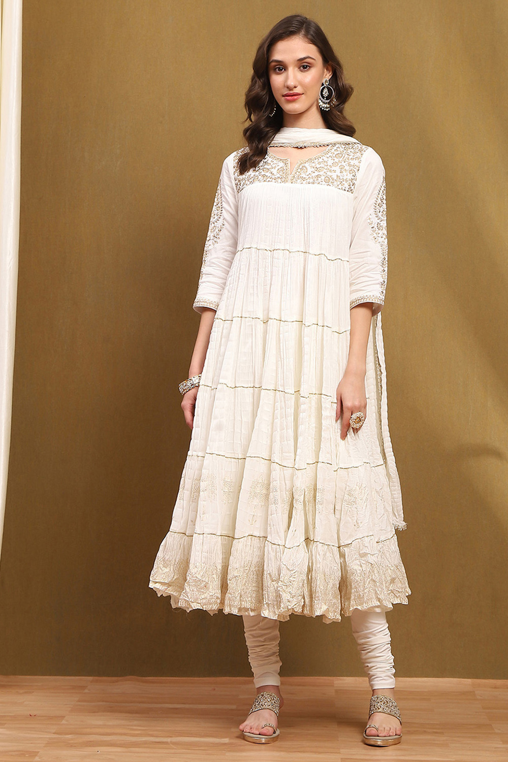 White Cotton Tiered Anarkali Suit Set image number 6