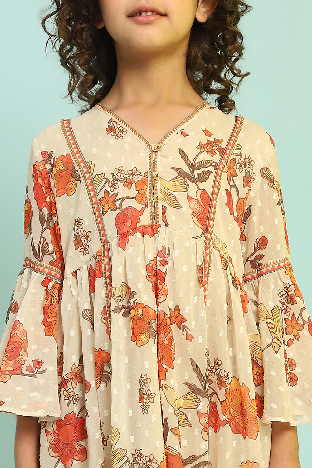 Beige Floral Printed Gathered Flared Dress image number 1