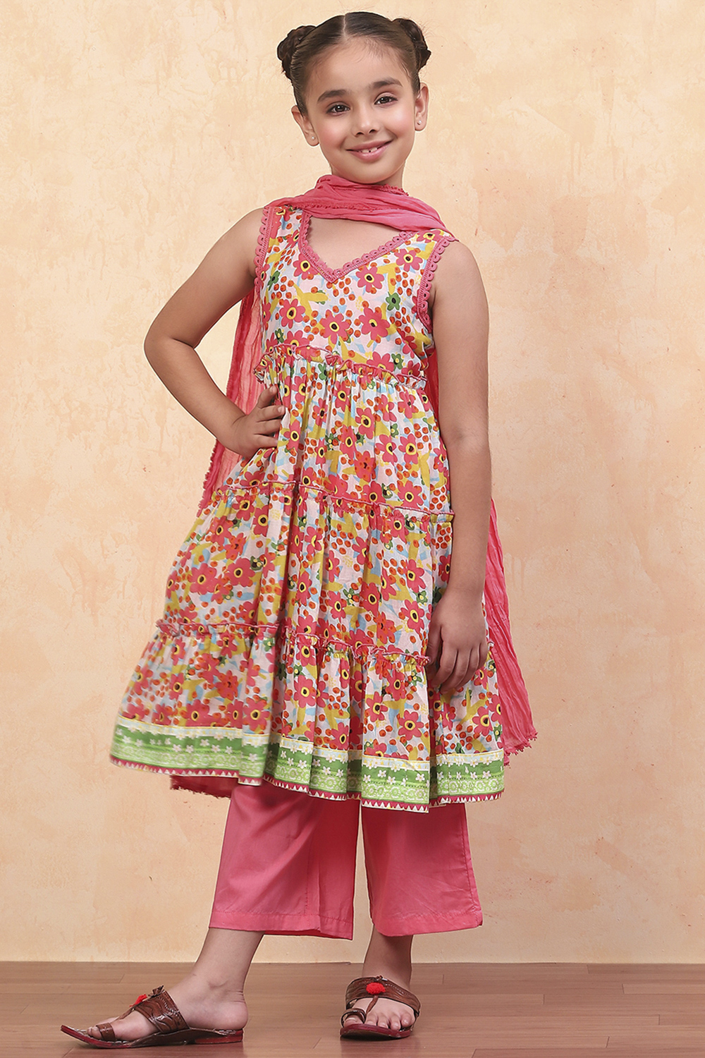 Coral Pure Cotton Floral Printed Tiered Suit Set image number 6