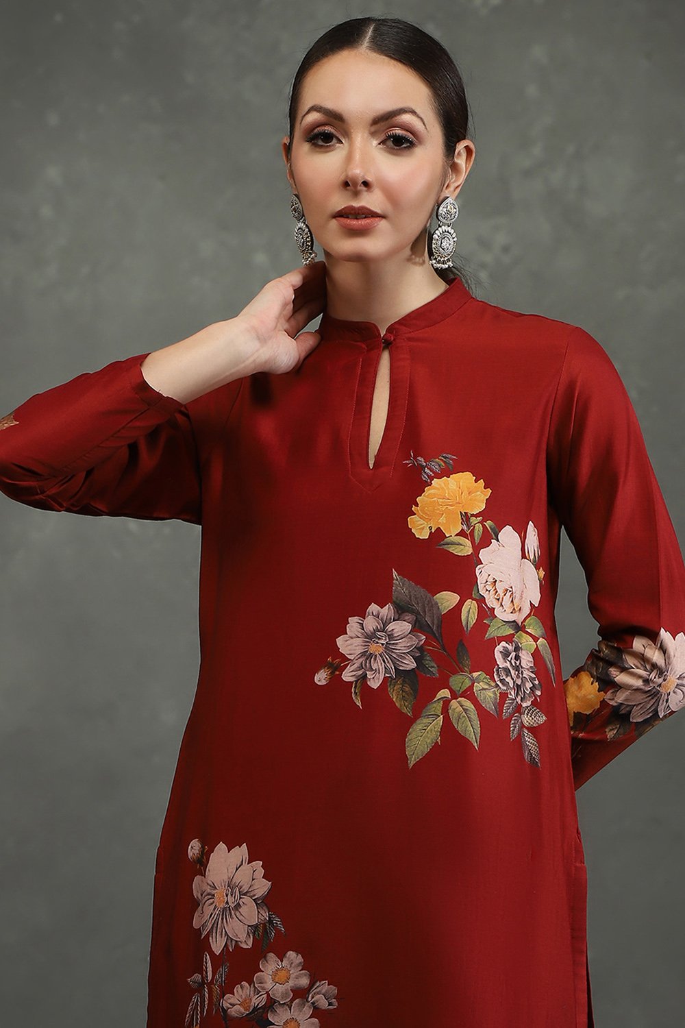 Rohit Bal Maroon Silk Chanderi Floral Printed Straight Kurta Set image number 1