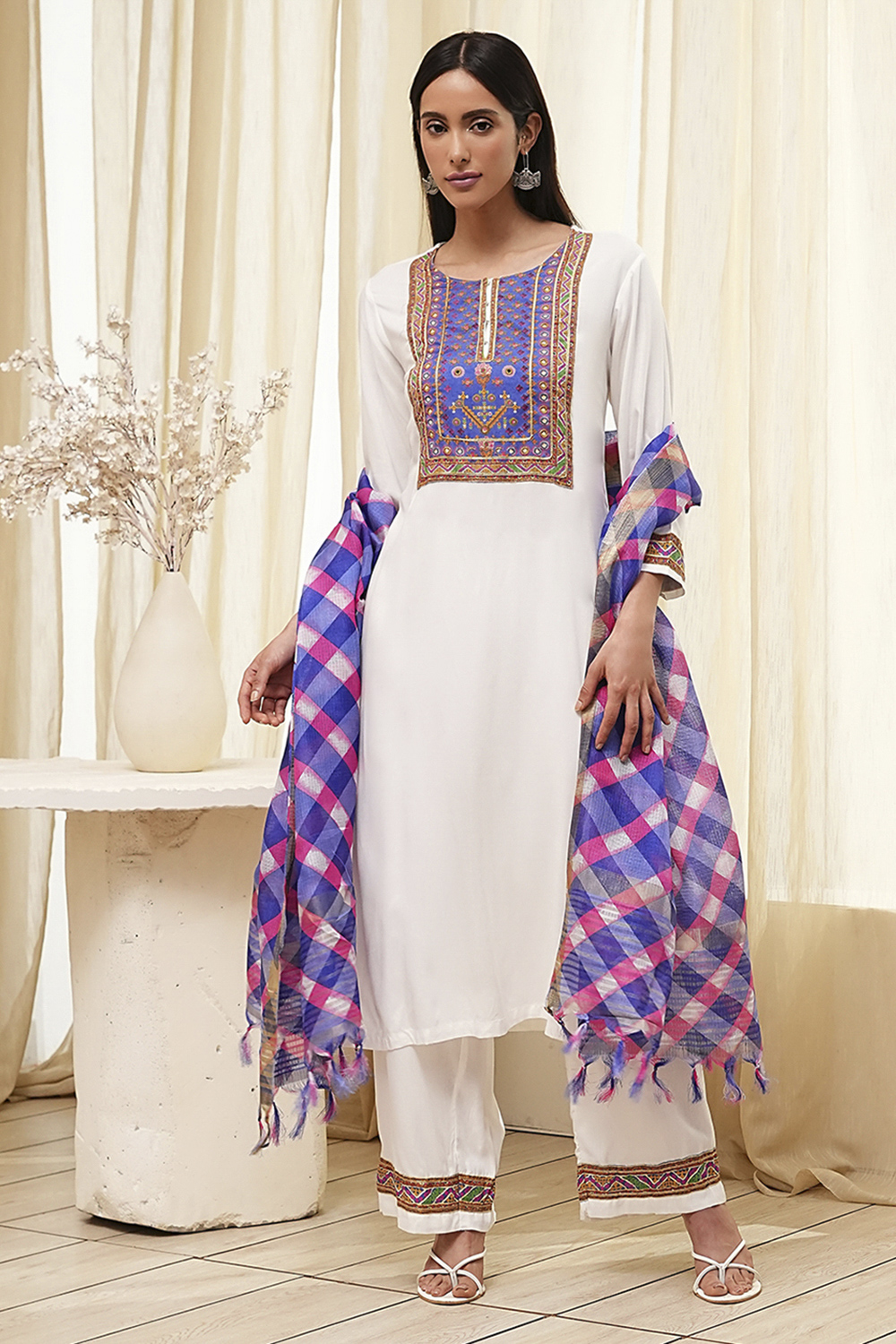 Off White & Blue Rayon Straight Kurta Palazzo Suit Set image number 6