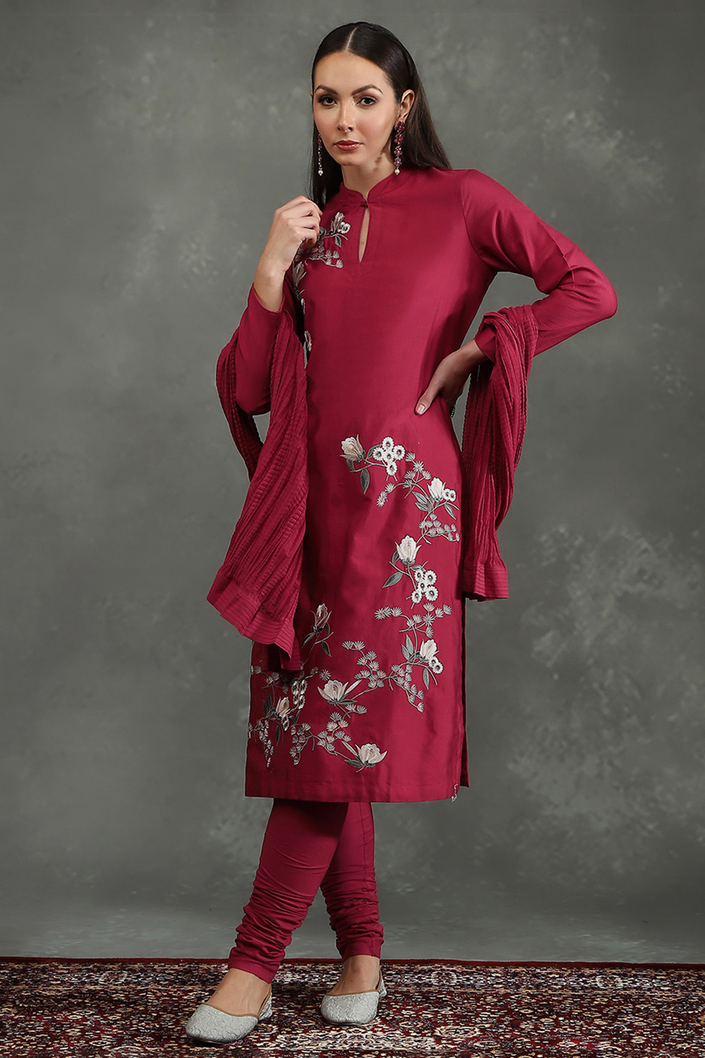 Rohit Bal Maroon Silk Chanderi Floral Straight Suit Set image number 6