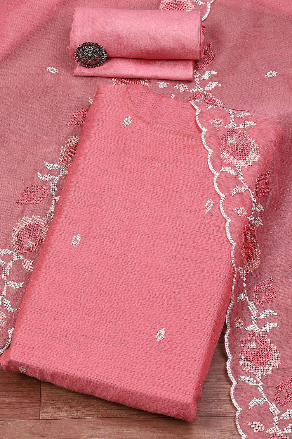 Pink Linen Blend Unstitched Suit Set image number 0