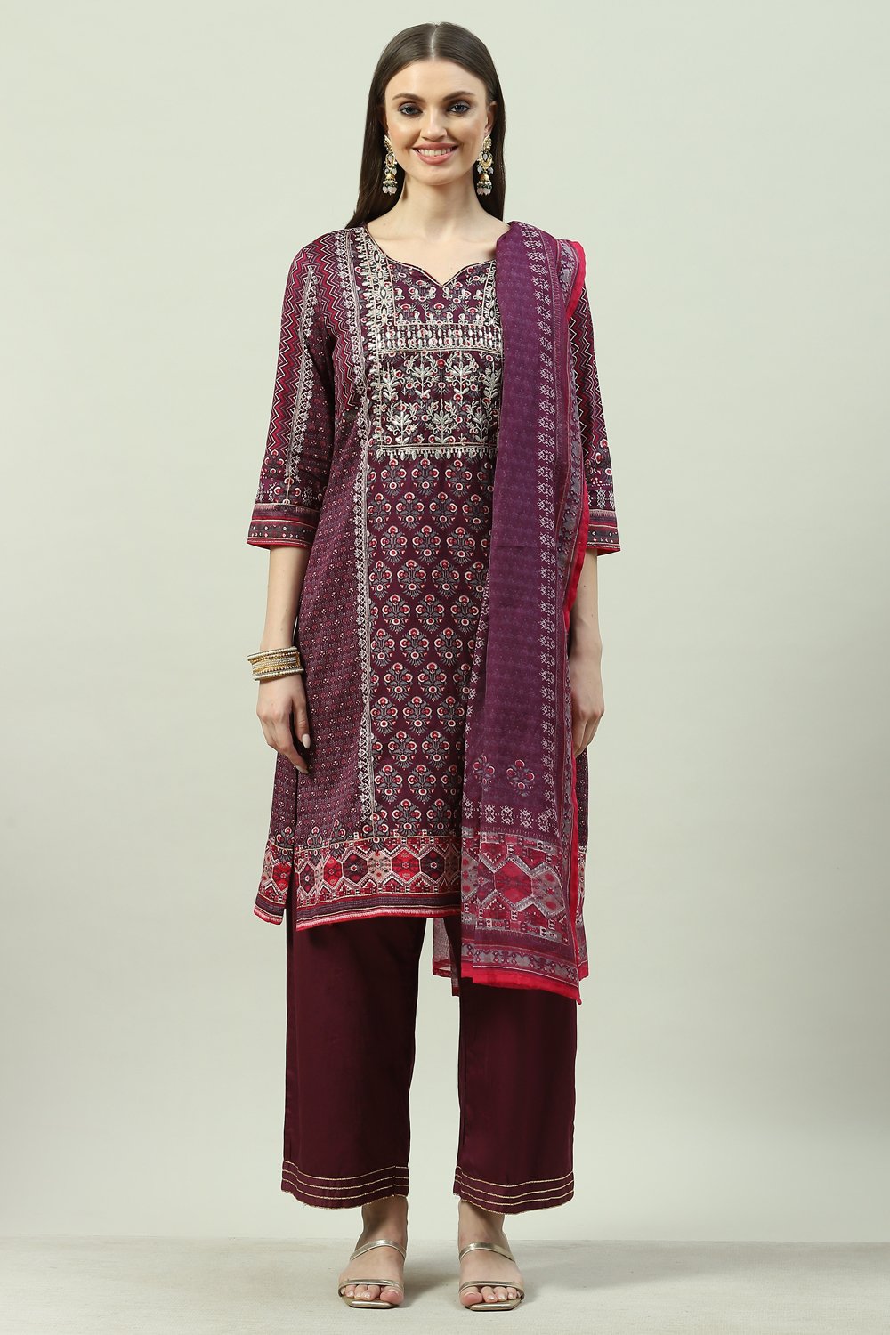 Wine Cotton Straight Kurta Slim Pants Suit Set image number 7