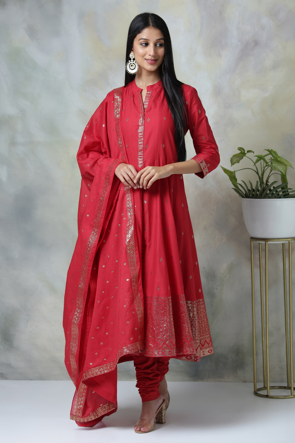 Red Cotton Kalidar Kurta Churidar Suit Set image number 0