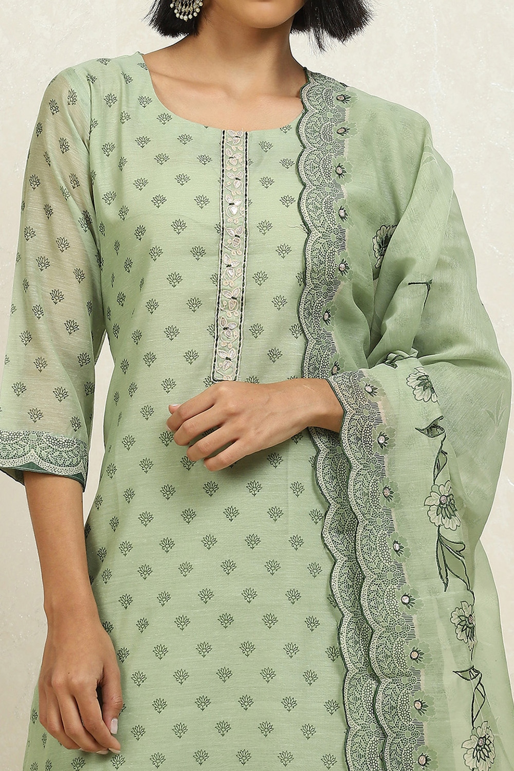 Light Green Chanderi Floral Printed Unstitched Suit Set image number 2