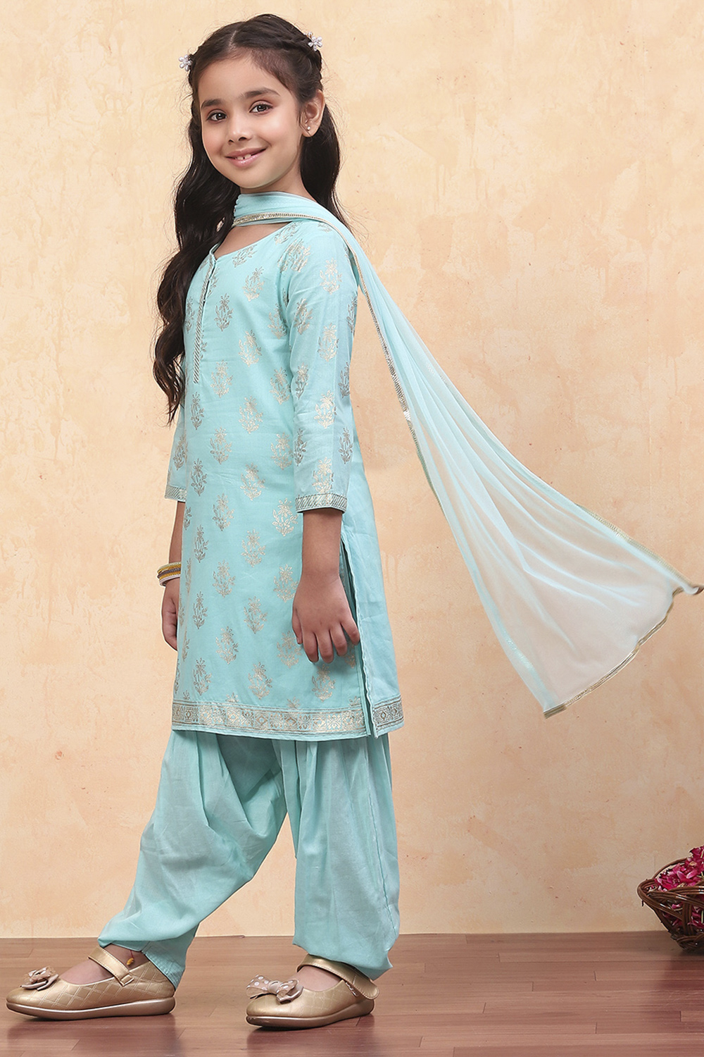 Turquoise Cotton Straight Printed Kurta Patiala Salwar Suit Set image number 3