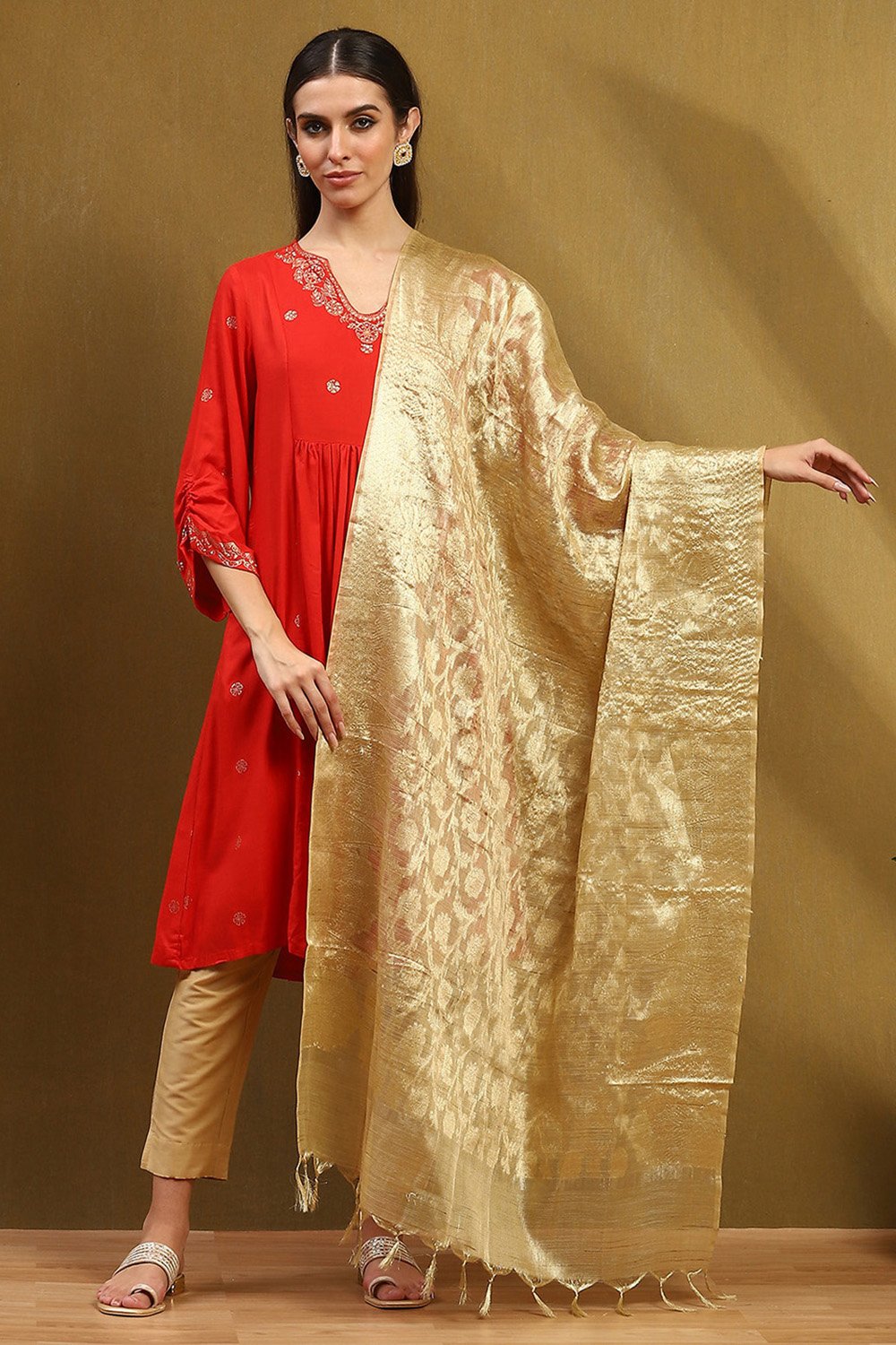 Gold Poly Silk Dupatta image number 4